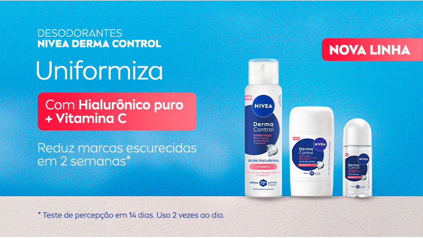 Imagem com fundo azul claro. Ao lado direito, três desodorantes de tamanhos e formatos diferentes aparecem lado a lado.