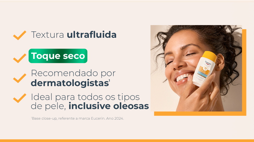 Texto com ícones em laranja destacando benefícios do produto. Ao lado direito, imagem de mulher sorrindo, enquanto segura o frasco.