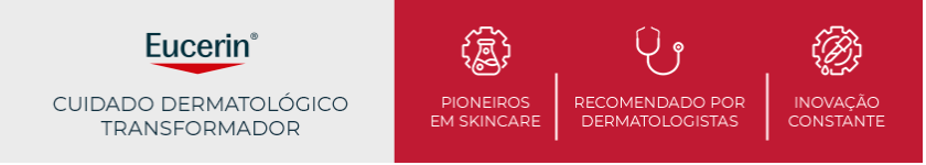 Logo da Eucerin sobre fundo vermelho, reforçando o conceito de cuidado dermatológico da marca.