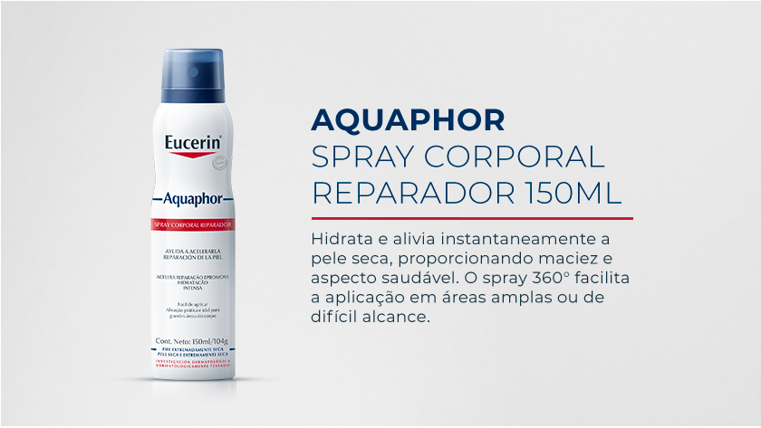 Imagem com fundo neutro. Ao lado esquerdo é destacada a embalagem em Spray de Aquaphor.