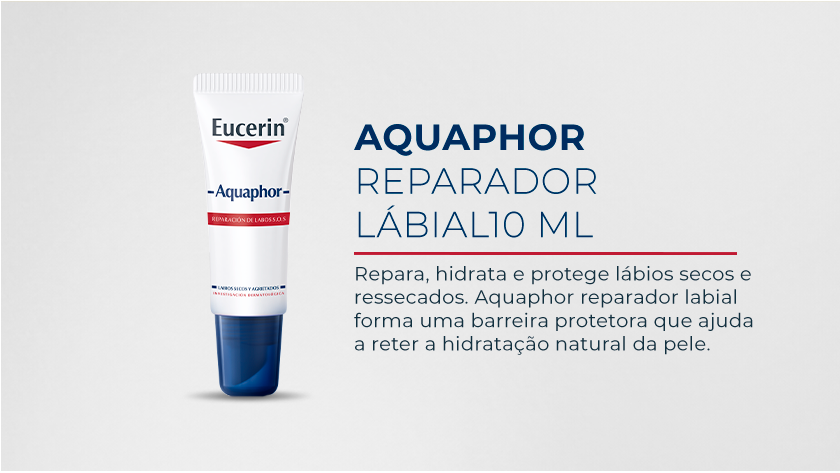 Imagem com fundo neutro. Ao lado esquerdo é destacada a embalagem de Aquaphor Labial.