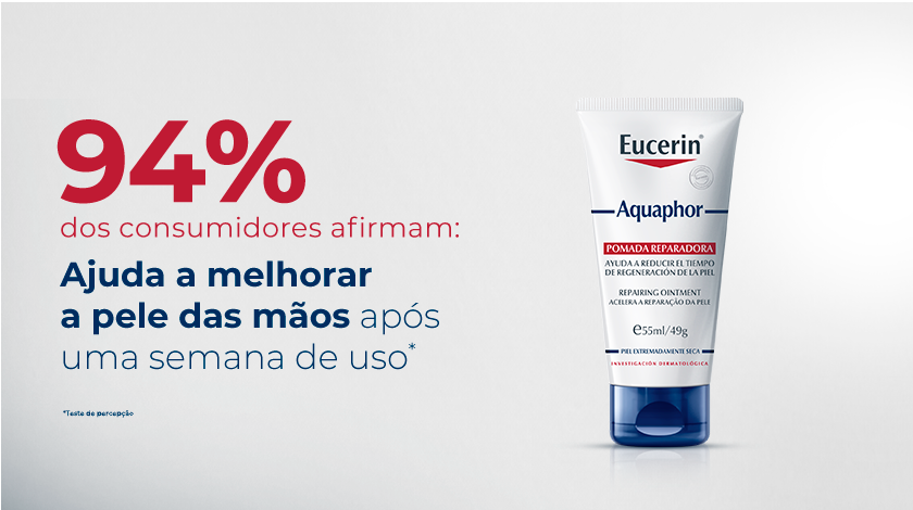 Fundo neutro. Ao lado direito, a embalagem de Aquaphor é destacada, já ao lado esquerdo, uma porcentagem em vermelho é exibida.