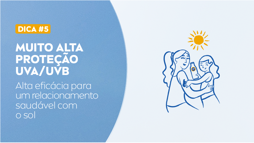 DICA #5 MUITO ALTA PROTEÇÃO UVA/UVB Alta eficácia para um relacionamento saudável com o sol Ilustração em azul de duas pessoas curtindo na praia.