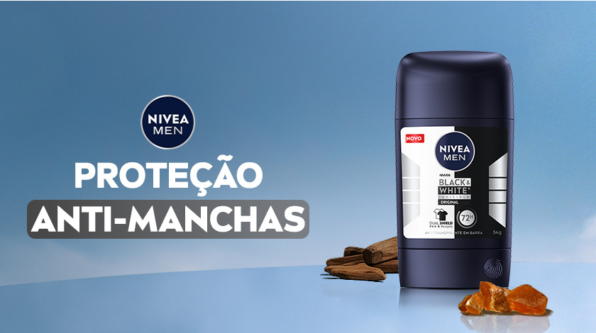 Imagem com fundo azul. Em destaque aparece a embalagem de Black & White Original, ao lado de ingredientes.