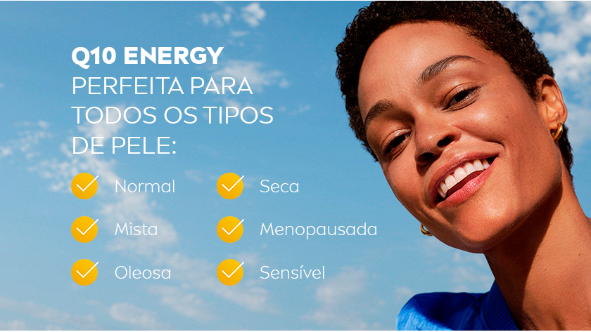 Mulher sorridente com um fundo de céu. Ícones amarelos destacam os tipos de pele compatíveis com os produtos.