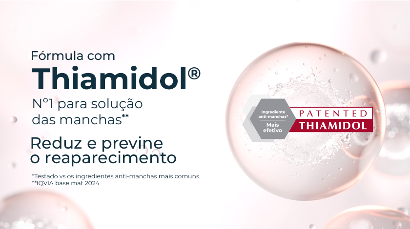 Eucerin destacando a fórmula com Thiamidol. À esquerda, o texto afirma ser o número 1 para solução de manchas, reduzindo e prevenindo o reaparecimento. À direita, há uma bolha de água/sérum com um selo escrito 