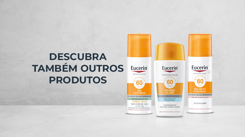 Produtos da linha Eucerin Sun são exibidos. Em sequência: Oil Control, Hydro Fluid e Pigment Control.