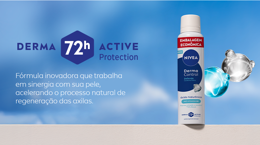 Fundo azul com leves texturas. Ao centro, embalagem econômica do desodorante NIVEA Derma Control vista de frente. À direita, esferas brilhantes e translúcidas remetem a ingredientes hidratantes. Selo realça “72h Derma Active Protection