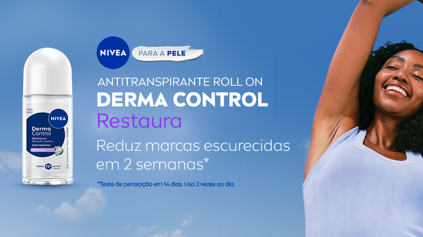 Fundo azul com degradê suave. À direita, mulher negra sorri com o braço levantado, usando regata azul clara. À esquerda, desodorante Roll-on NIVEA Derma Control Restaura com embalagem branca e roxa está em destaque.