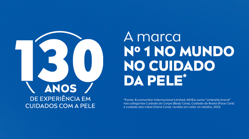 Fundo azul com o número “130” em destaque e mensagem institucional sobre a marca.
