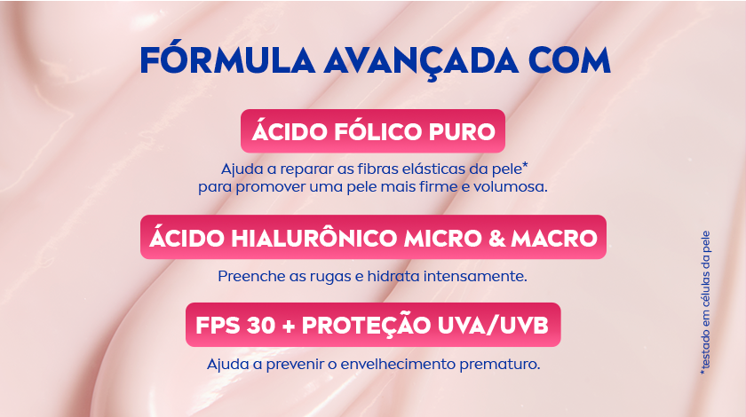 Ingredientes principais destacados: ácido fólico puro, ácido hialurônico micro e macro, e FPS 30 com proteção UVA/UVB.