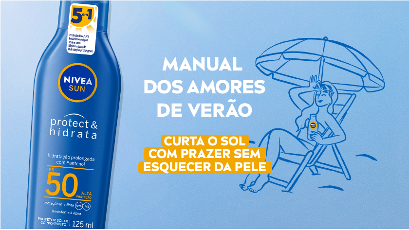 Ilustração em azul de uma pessoa relaxando sob um guarda-sol na praia. Ao lado, frasco do protetor solar NIVEA Sun Protect & Hidrata FPS 50. Fundo azul com mensagem sobre aproveitar o verão sem esquecer da proteção da pele.