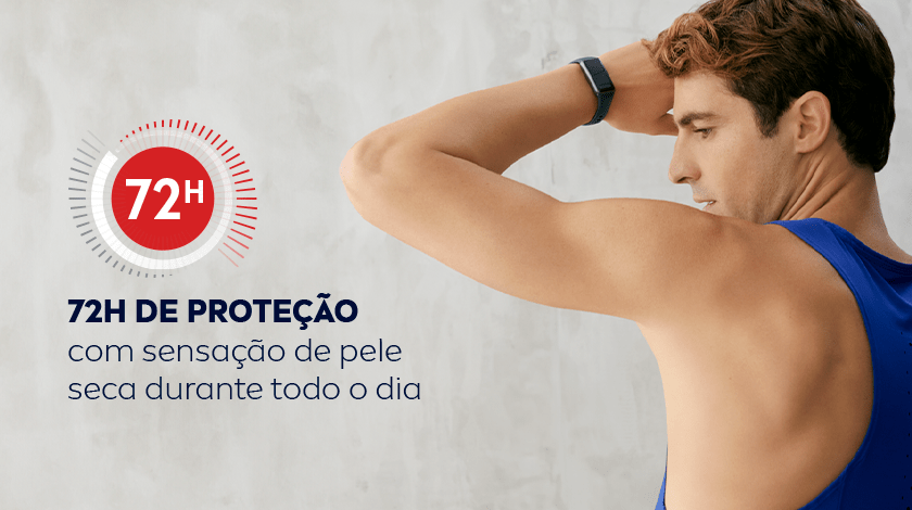 Homem branco, atlético, levantando o braço com expressão de esforço físico. Ao lado, selo circular com “72H” e texto de apoio.