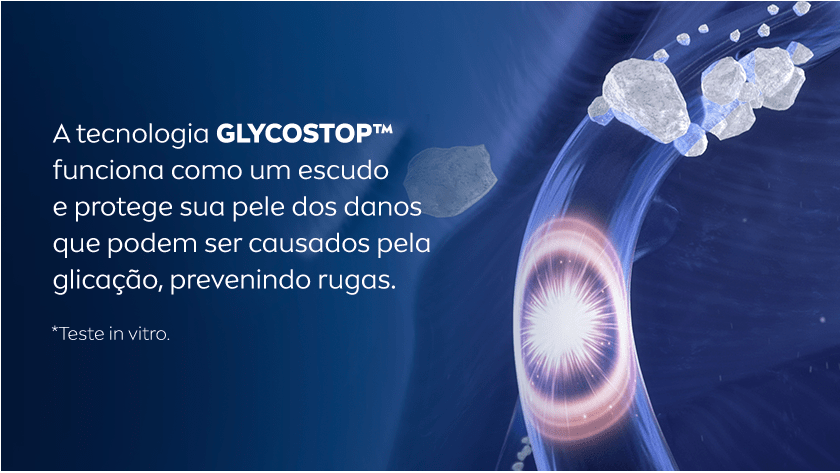 Representação científica da fórmula do produto agindo como um escudo em fibras, a imagem possui um fundo azul escuro com campos luminosos.