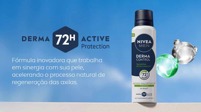 Fundo azul suave. À direita, o frasco do antitranspirante NIVEA MEN Derma Control Sensitive está em pé, com tampa branca e detalhes em verde e azul escuro. Ao lado do produto, duas esferas translúcidas representam ingredientes ativos. À esquerda, selo “DERMA 72H ACTIVE Protection” aparece em destaque.