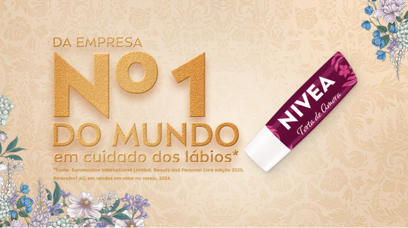 Selo em destaque com fundo elegante em tons claros e dourados, reforçando liderança global da marca no cuidado labial.