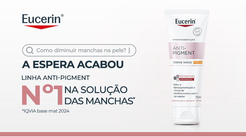 Imagem de produto Eucerin Anti-Pigment Creme Para Mãos. À esquerda, há um layout gráfico com ícone de barra de pesquisa e elementos tipográficos em destaque.