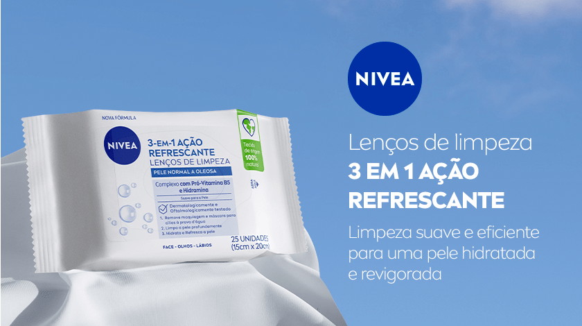 Embalagem de lenços NIVEA sobre fundo branco com céu azul ao fundo.