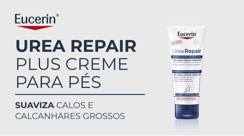 Imagem do produto Eucerin Urea Repair Plus Creme para Pés ao lado da embalagem. Fundo branco com destaque para os textos que apresentam o nome do produto e sua indicação.