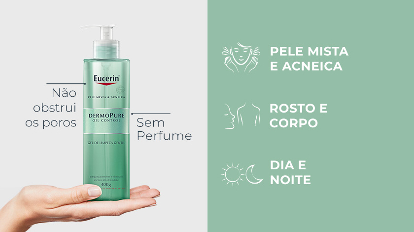 O fundo é verde-claro. No lado esquerdo, uma mão segura a garrafa do produto, com rótulo verde e branco. No lado direito, três ícones representam as indicações de uso.