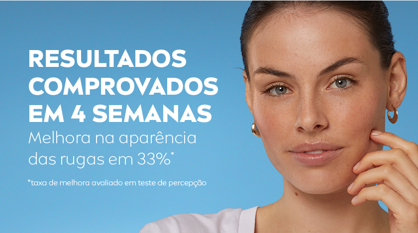 Mulher aplicando o produto no rosto; destaque para 33% de melhora nas rugas em 4 semanas.