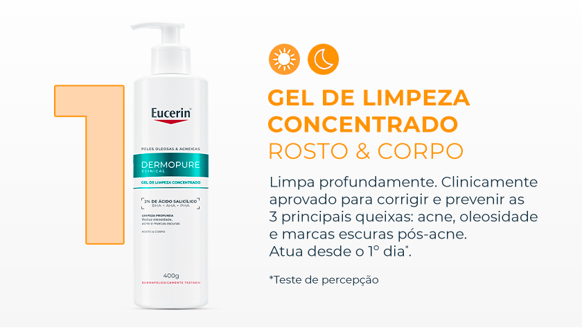 Imagem com fundo branco. Ao lado, o número 1 em tom laranja aparece em destaque junto a embalagem do Gel de Limpeza.