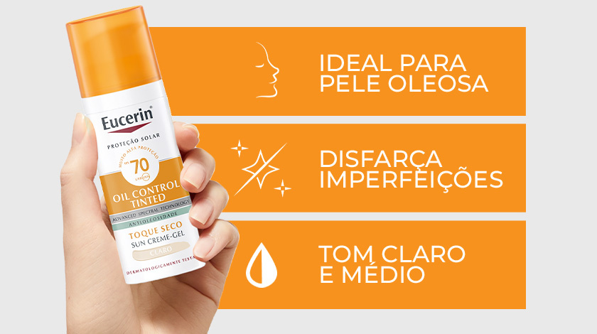 Uma mão segura o frasco de Eucerin Sun Oil Control Tinted Claro FPS 70 enquanto ícones visuais representam suas características.