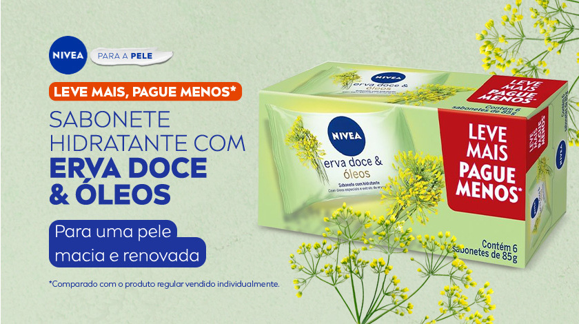 Fundo verde claro. À esquerda, aparecem os textos promocionais da NIVEA em azul escuro e branco. À direita, estão os produtos em destaque: uma embalagem de sabonete com detalhes em verde, acompanhada de uma unidade do sabonete em barra esverdeado com a marca “NIVEA” gravada no centro. Flores de erva-doce decoram a cena, o produto está dentro de um pequeno prato redondo de vidro.