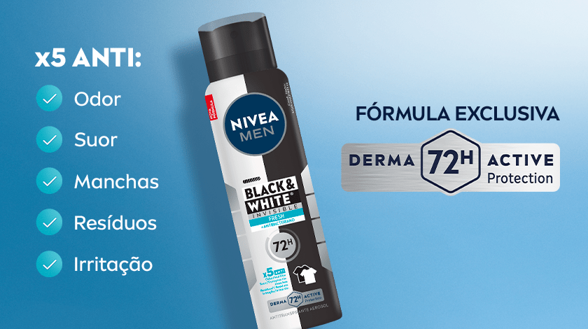 Imagem com fundo azul claro. Ao centro, o produto Nivea Black & White.