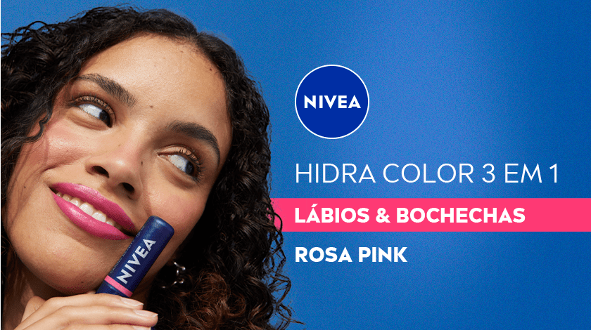 Mulher sorridente segura um Hidra Color em um fundo azul. Ao lado, o texto é destacado com um box rosa.