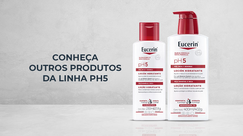 Dois produtos da linha Eucerin pH5 sobre superfície cinza clara.