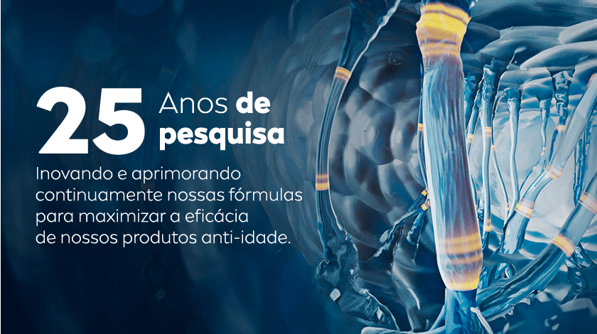 Fundo em tons de azul escuro e elementos que remetem a células ou moléculas vistas em microscópio. A direita, a ilustração lembra ligamentos que estão abaixo da pele, esses ligamentos estão com cores azuladas e pontos brilhantes e amarelos no corpo de cada um.