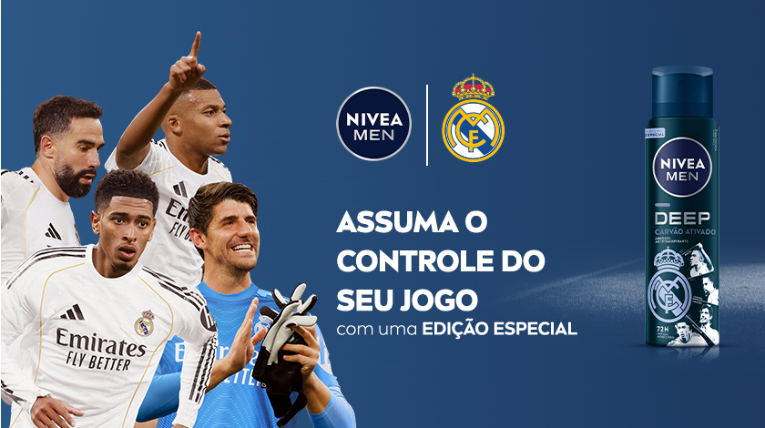 Nivea Men Deep edição especial Real Madrid. À esquerda, os jogadores Carvajal, Mbappé, Bellingham e Courtois vestem o uniforme do time; ao centro, o texto 