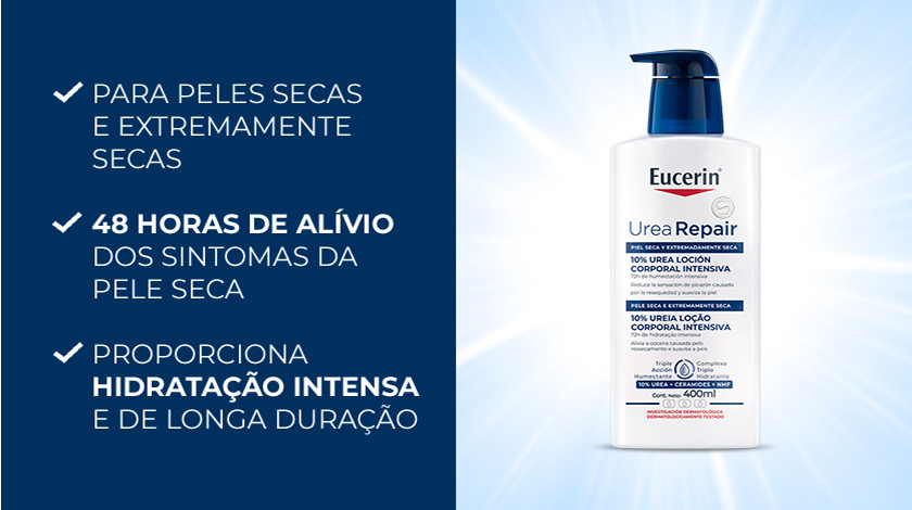Loção hidratante ao centro com fundo iluminado azul. Ao lado, bullets listam os benefícios.