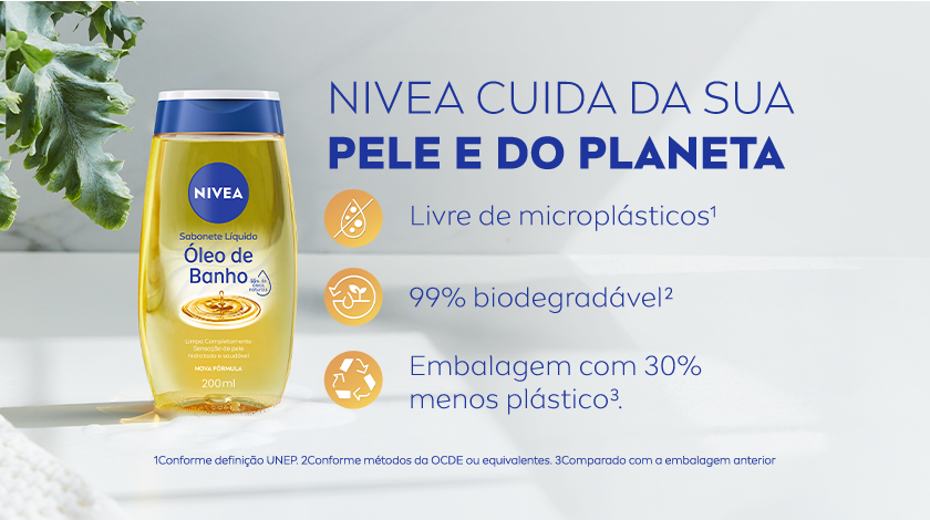 Frasco do sabonete líquido óleo de banho NIVEA com tampa azul. Ao lado, três ícones circulares em tons de laranja representam benefícios do produto. O fundo é claro, com uma folha verde no canto esquerdo.