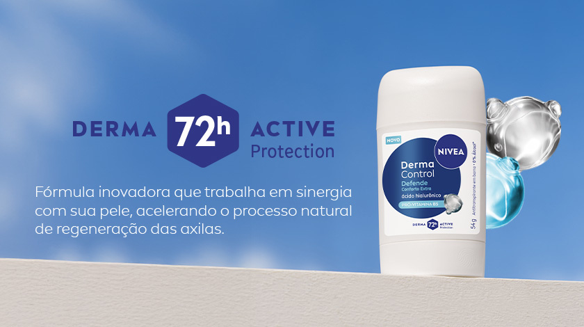 Fundo azul com leves texturas. Ao centro, roll-on do desodorante NIVEA Derma Control vista de frente. À direita, esferas brilhantes e translúcidas remetem a ingredientes hidratantes. Selo realça “72h Derma Active Protection