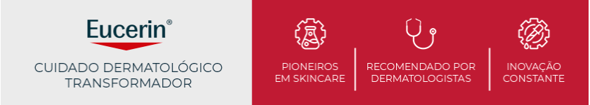 Logo da Eucerin sobre fundo vermelho, reforçando o conceito de cuidado dermatológico da marca.