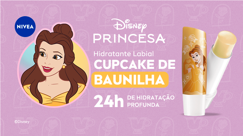 Hidratante Labial NIVEA Disney Princesa – Cupcake de baunilha 24h de hidratação profunda. Banner com fundo lilás mostrando a personagem Bela da Disney e um hidratante labial NIVEA com estampa da princesa.