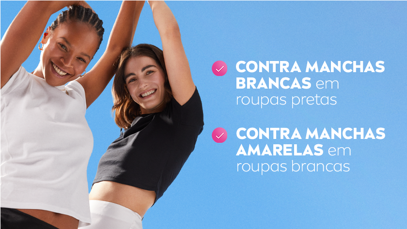 Duas mulheres sorriem enquanto levantam os braços. Uma usa regata preta e a outra uma regata branca. O fundo é um céu azul. Ícones rosas destacam as características do produto.
