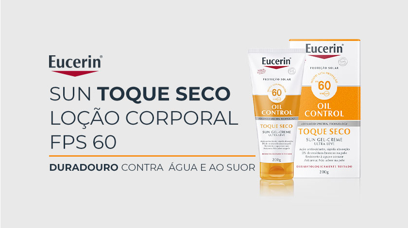 Embalagem da loção corporal Eucerin Sun Toque Seco FPS 60 ao lado da caixa. A logo da marca aparece no canto superior esquerdo.
