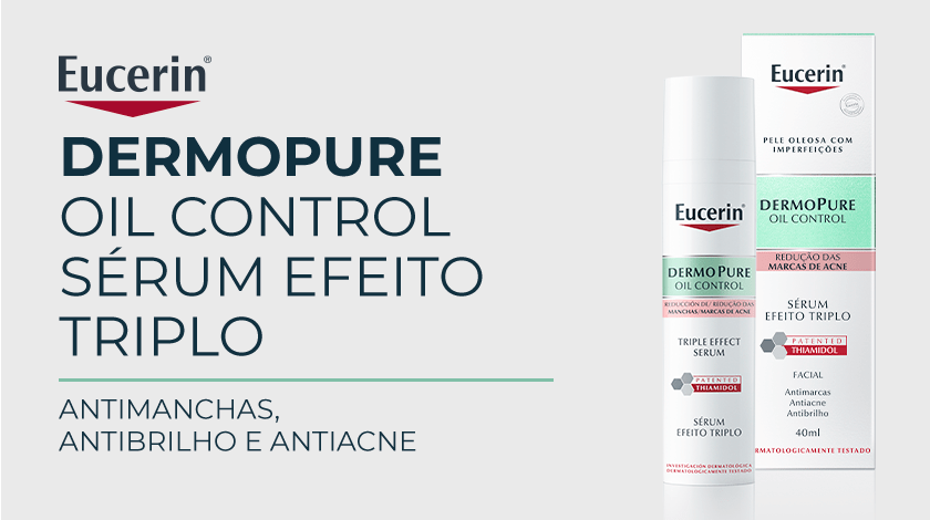 Fundo branco com duas embalagens do produto Eucerin DermoPure Oil Control Sérum Efeito Triplo, sendo uma a caixa e a outro o produto em si. O texto ao lado apresenta o nome do produto e seus benefícios.