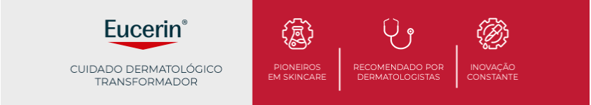 Logo da Eucerin sobre fundo vermelho, reforçando o conceito de cuidado dermatológico da marca.