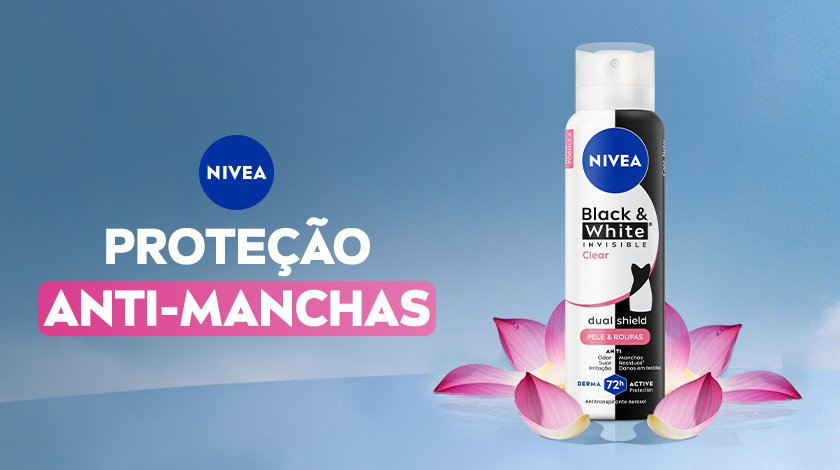 Imagem com fundo azul. Em destaque aparece a embalagem de Black & White Authentic, ao lado de ingredientes.