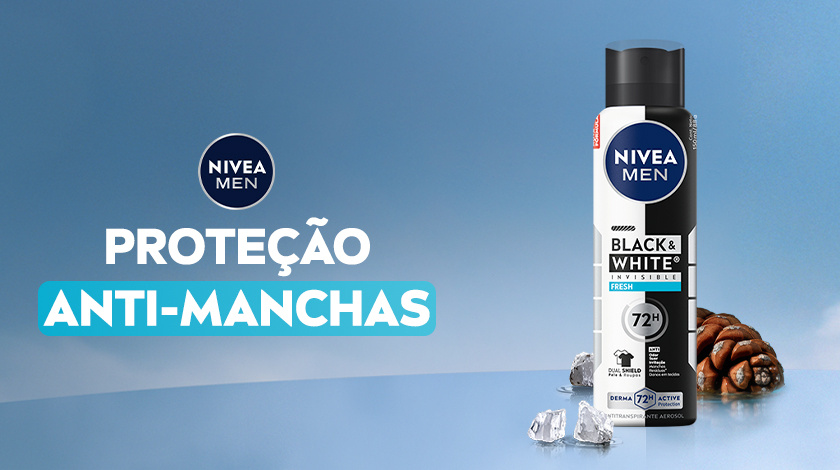 Imagem com fundo azul. Em destaque aparece a embalagem de MEN Black & White Fresh, ao lado de ingredientes.