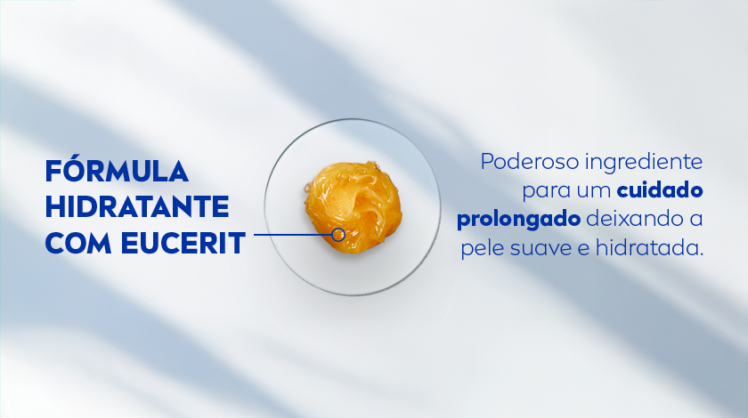 Textura de creme dourado sobre prato branco. Ao lado, fundo claro com sombras suaves. Texto à esquerda em azul destacando a fórmula.