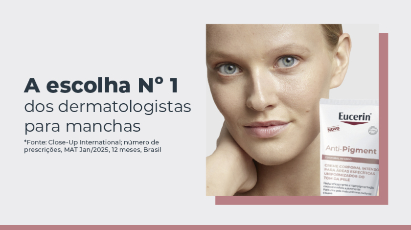Banner publicitário mostrando o rosto de uma mulher com pele uniforme e expressão serena. Ao lado, há um frasco do Anti-pigment com design branco e detalhes em rosa.