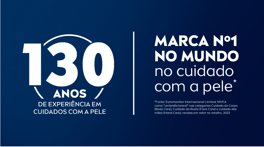 Fundo azul escuro com destaque para o número '130' em branco e o texto afirmando a liderança da NIVEA no cuidado com a pele. Imagem institucional sem produto.