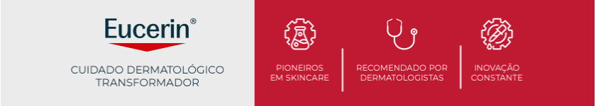 Logo da Eucerin sobre fundo vermelho, reforçando o conceito de cuidado dermatológico da marca.