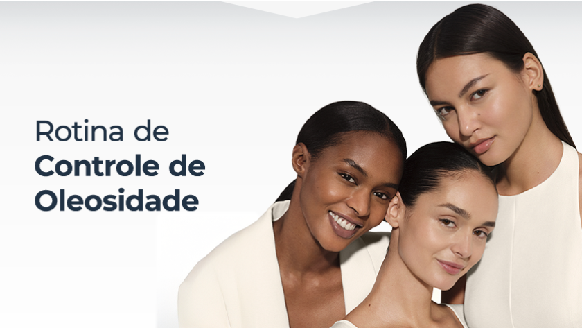 Imagem com fundo branco. Ao lado, aparecem três modelos de etnias diferentes.