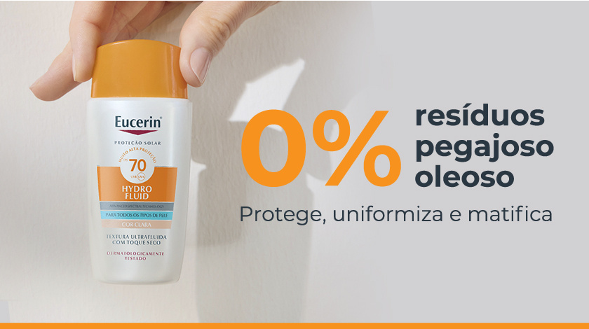 Imagem em close do frasco Eucerin Hydro Fluid FPS 70 em fundo claro.